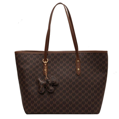 Large Capacity Leather Tote Bag with Dog Keychain