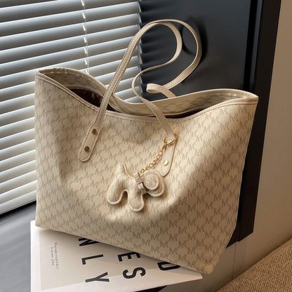 Large Capacity Leather Tote Bag with Dog Keychain