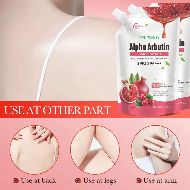TEN TWENTY Alpha Arbutin Pomegranate Body Whitening Sunscreen Lotion SPF30 PA+++ 200g