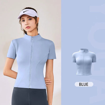 Women Short Sleeve Zipper Yoga Top