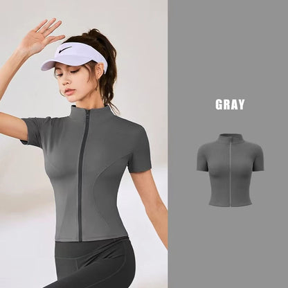 Women Short Sleeve Zipper Yoga Top
