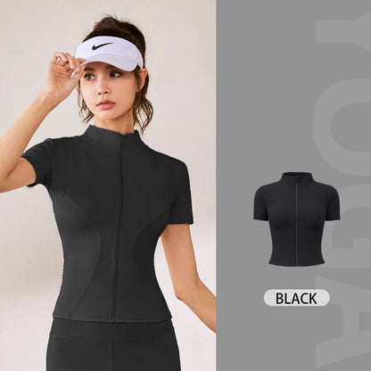 Women Short Sleeve Zipper Yoga Top