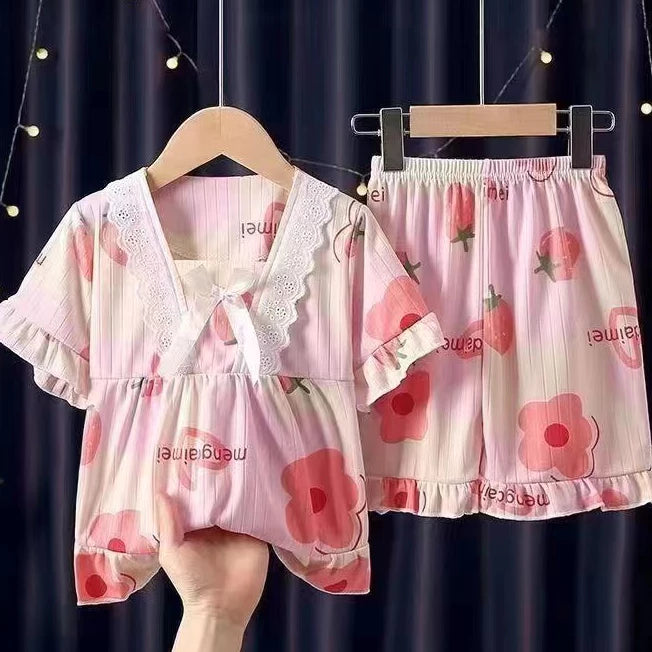 Girls Summer Short-Sleeved Shorts Pajamas Set
