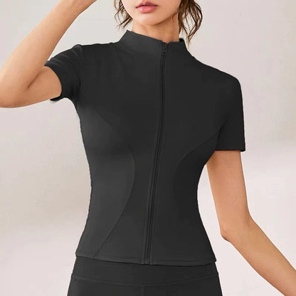 Women Short Sleeve Zipper Yoga Top