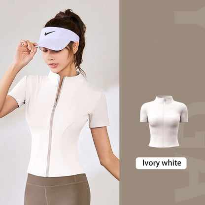 Women Short Sleeve Zipper Yoga Top