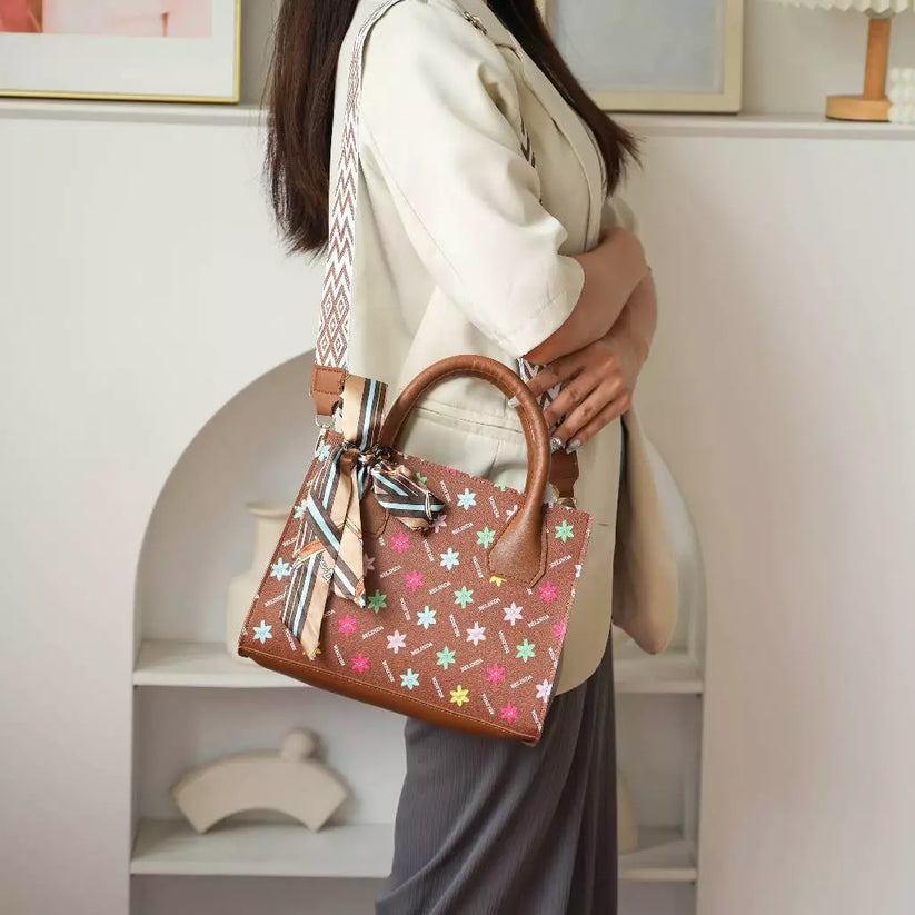 Square Leather Flower Wear a Scarf High-End Shoulder Sling Bag