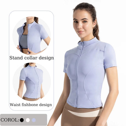 Women Short Sleeve Zipper Yoga Top