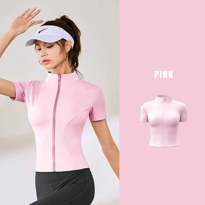 Women Short Sleeve Zipper Yoga Top
