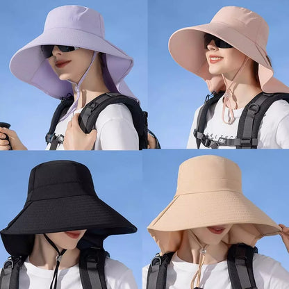 UV Protection Wide-Brim Sun Bucket Hat with Neck Flap