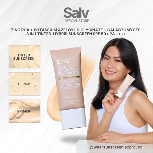 SALV Zinc PCA + K19 - Azeloyl Diglycinate + Galactomyces 3 in 1 Tinted Hybrid Sunscreen SPF 50+ PA++