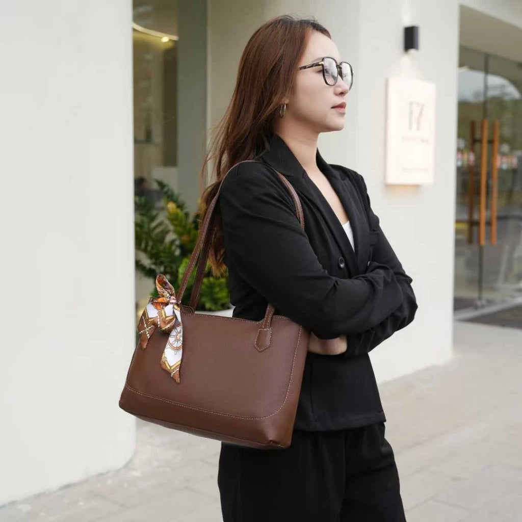 Faux-leather Tote Bag with Ribbon Scarf