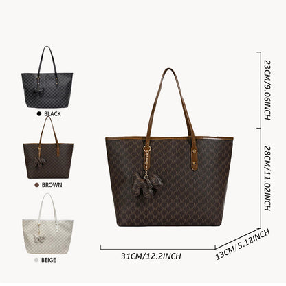 Large Capacity Leather Tote Bag with Dog Keychain
