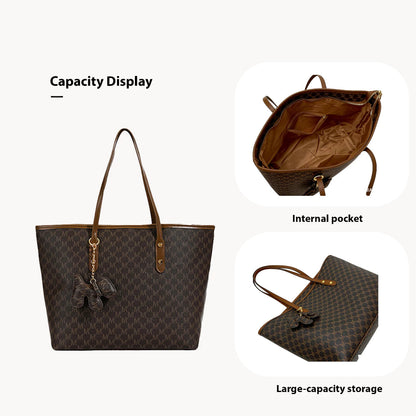 Large Capacity Leather Tote Bag with Dog Keychain