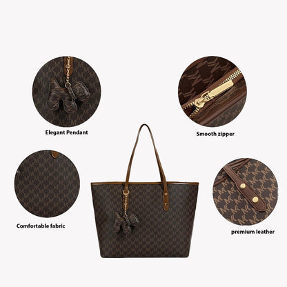 Large Capacity Leather Tote Bag with Dog Keychain