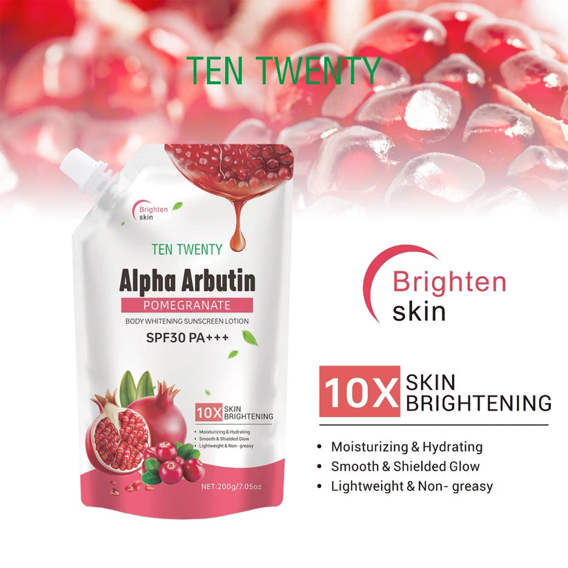 TEN TWENTY Alpha Arbutin Pomegranate Body Whitening Sunscreen Lotion SPF30 PA+++ 200g