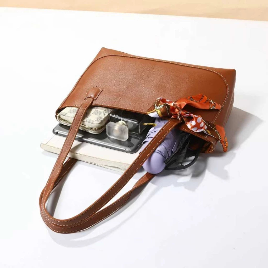 Faux-leather Tote Bag with Ribbon Scarf