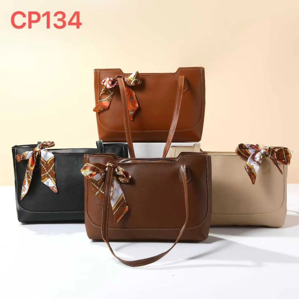 Faux-leather Tote Bag with Ribbon Scarf