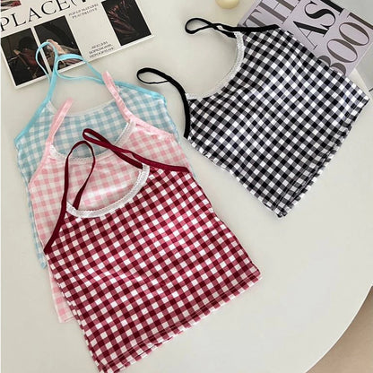 Plaid Lace-Trim Padded Camisole