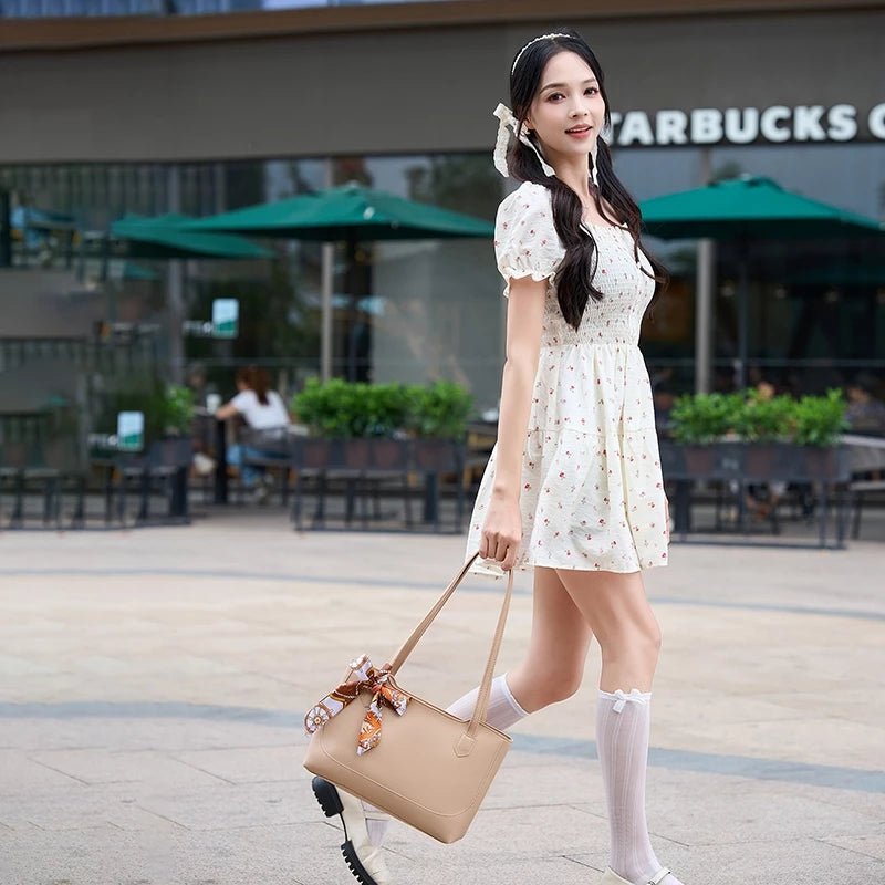 Faux-leather Tote Bag with Ribbon Scarf