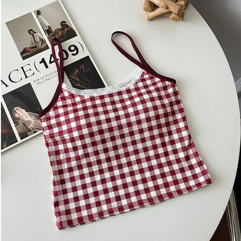 Plaid Lace-Trim Padded Camisole