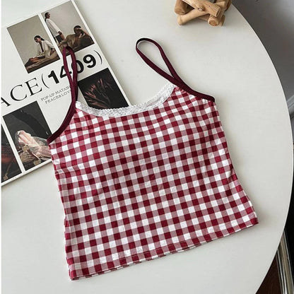 Plaid Lace-Trim Padded Camisole