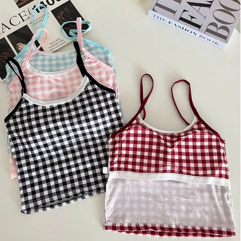 Plaid Lace-Trim Padded Camisole