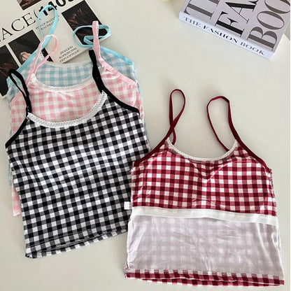Plaid Lace-Trim Padded Camisole