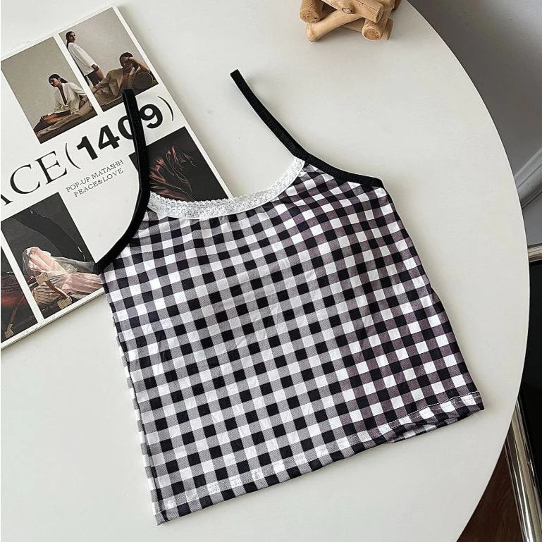 Plaid Lace-Trim Padded Camisole