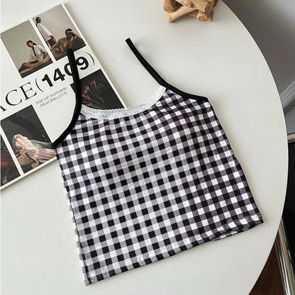 Plaid Lace-Trim Padded Camisole