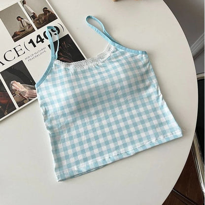 Plaid Lace-Trim Padded Camisole