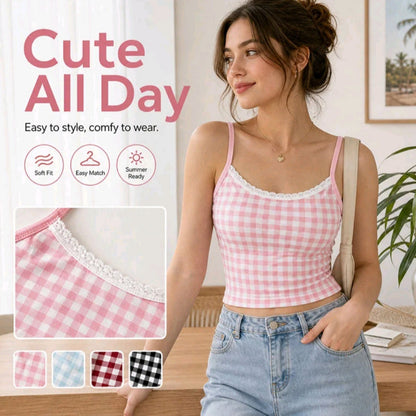 Plaid Lace-Trim Padded Camisole