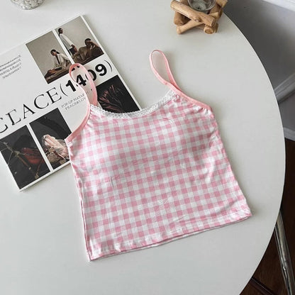 Plaid Lace-Trim Padded Camisole
