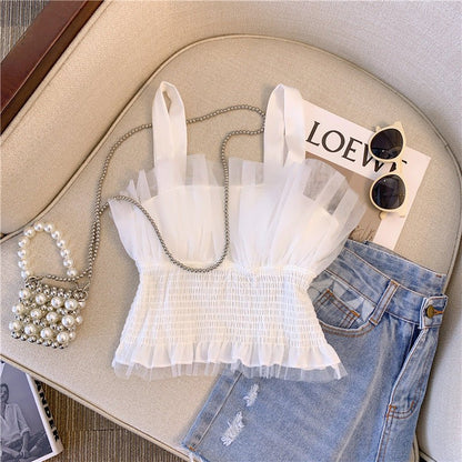 Smocked Tulle Ruffle Camisole Top