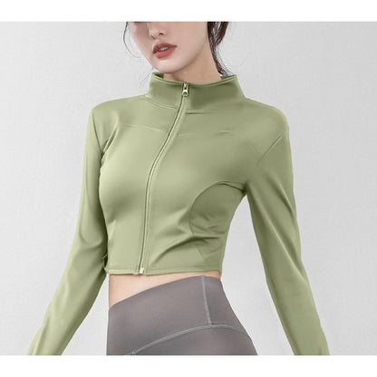 Women's Long Sleeve Stand Collar Zip Up Crop Top Activewear Jacket