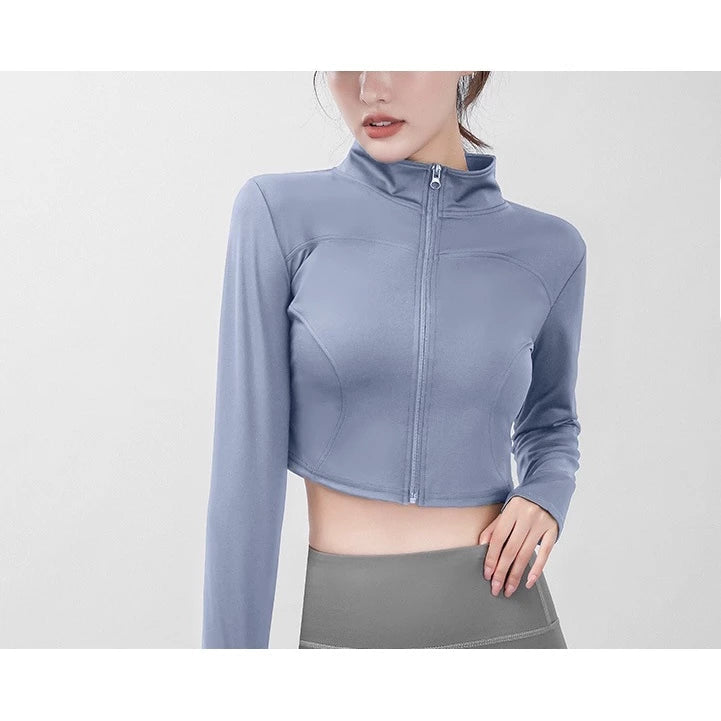 Women's Long Sleeve Stand Collar Zip Up Crop Top Activewear Jacket