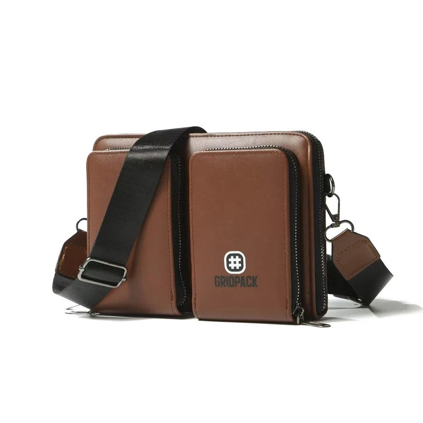 Men's High-End Plain Leather Sling Bag With Two-Zipper Front Pocket