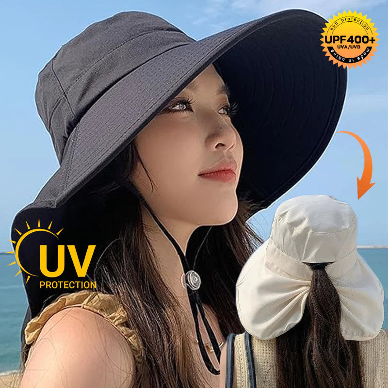 UV Protection Wide-Brim Sun Bucket Hat with Neck Flap