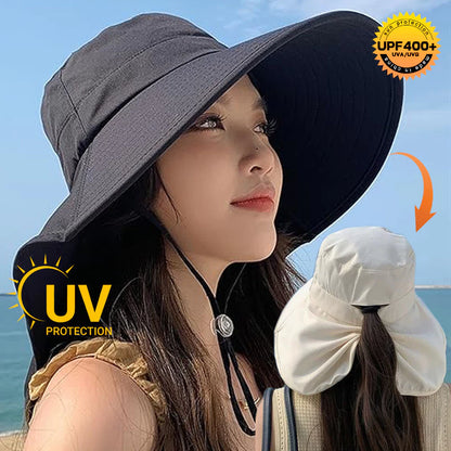 UV Protection Wide-Brim Sun Bucket Hat with Neck Flap