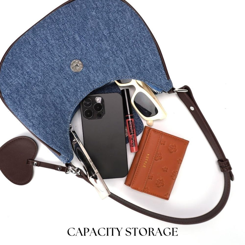 Denim Heart Charm Shoulder Bag